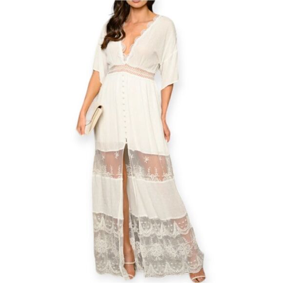 mad for love Dresses & Skirts - Boho Lace-Trim Cream Maxi Dress with Crochet Waist